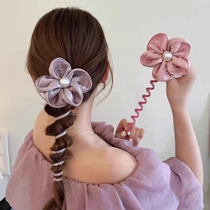 Femme Fille Floral Satin Élastiques à Cheveux Décoration Künstliche Perles Spirale Ligne Téléphonique Bandeau Coréen Doux Accessoires