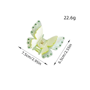 Detail showing dimensions of green butterfly hair claw clip with rhinestones
