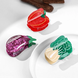Creative vegetable acetate hair claw set featuring chili, eggplant, and bok choy shapes