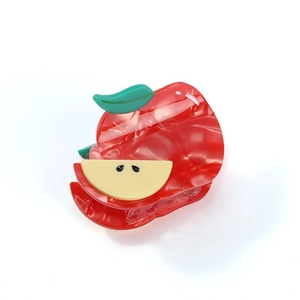 Red apple shaped cellulose acetate hair claw clip with green leaf and fruit slice design