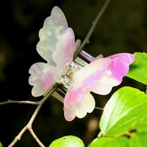 Détail d'une pince à cheveux papillon dégradé rose et jaune sur une branche d'arbre