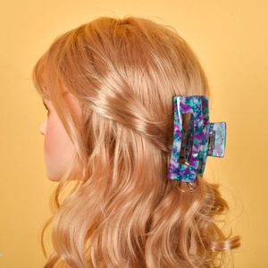 Large acetate rectangle hair claw clip with purple marble pattern for thick hair styles
