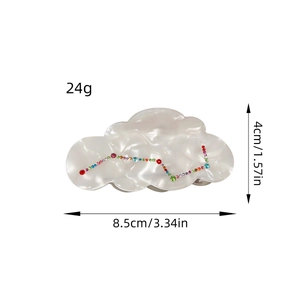 Cloud-shaped pearl white acetate hair claw clip with colorful rhinestones and size markings