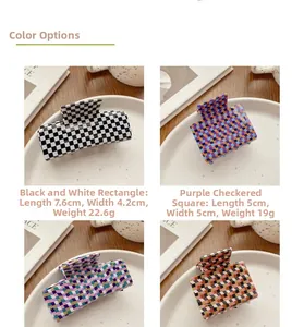 Detailed sizes of stylish checkered acetate hair claws with dimensions and weight specs