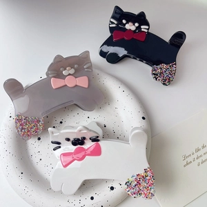Pince à Cheveux en Acétate Forme de Chat Dessin Animé Mignon Nœud Paillettes pour Femmes Filles Fête Accessoires de Cheveux