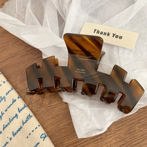 Macro shot of large amber tortoise shell hair claw clip with golden Barrette La France logo