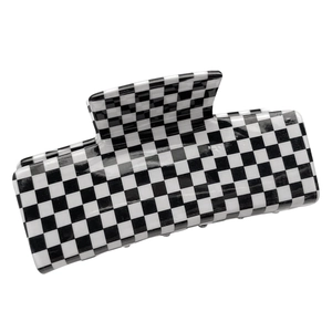 Elegant black and white checkerboard acetate hair claw clip with rectangle design