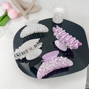 Elegant 4-piece large hair claw set with pearl flowers and purple marble texture