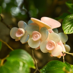 Détail de la pince à cheveux rose 3D avec pétales translucides en rose doux et bleu