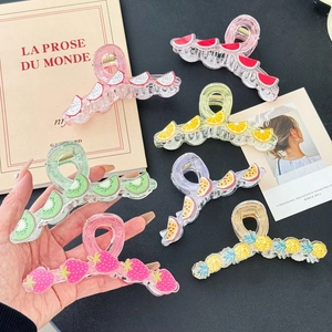 Cute Fruit Slice Large Hair Claw Acrylic Transparent Shark Clip Watermelon Orange Pitaya Pattern Summer Styling Hair Accessories For Women