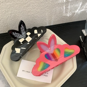 Große Acetat Haarklammern mit Schachbrettmuster und Regenbogen-Herz-Design