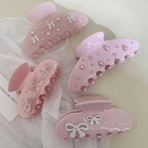 Pink acetate flower hair claws with rhinestones, pearls and sweet bows for women
