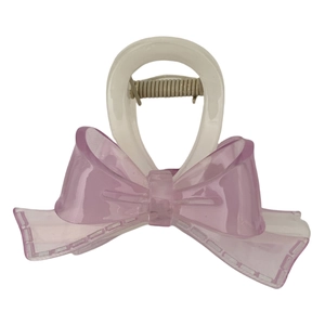 Transparent acrylic hair claw clip with purple pink bow and stitching detail