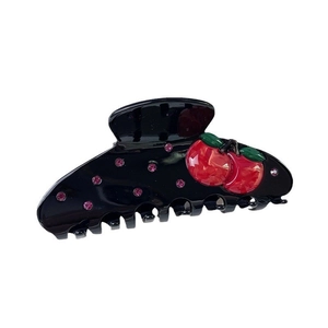 Pince à cheveux élégante en acétate noir avec cerises rouges et strass roses