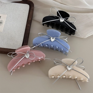 Acetate Hair Claw Clip Sweet Ribbon Bow With Heart Zirconia Elegant Shark Hair Clip Accessory For Women Daily Hair Styling