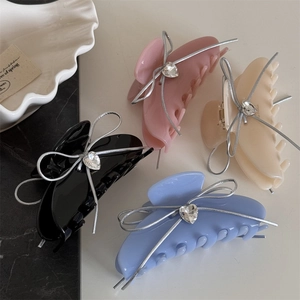 Elegant ribbon bow hair clips with heart zircon in black pink beige and blue colors