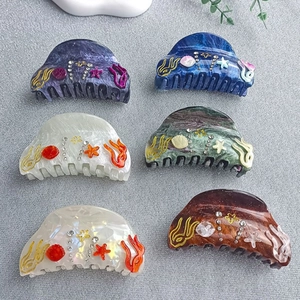 Ocean Starfish Shell Rhinestone Hair Claw Clip Acrylic Acetate Marble Hair Grips Vacation Summer Women Hair Accessories