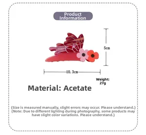 Detailed dimensions of the acetate butterfly hair claw clip with floral patterns