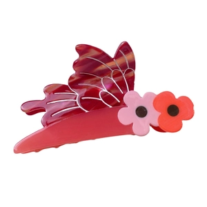 Elegant red acetate butterfly hair claw clip with pink and orange flower details