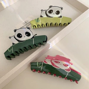 Cute acetate panda hair claw clips with bamboo design for women's thick hair styles