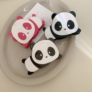 Three-piece set of panda-shaped acetate hair claws in pink, black, and iridescent white
