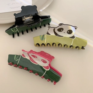 Cute panda shaped acetate hair claw clips in assorted green and pink colors