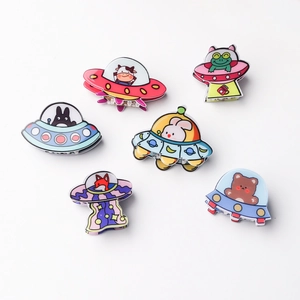 Set of 6 cartoon alien UFO claw clips with cute animals and glossy acrylic space designs