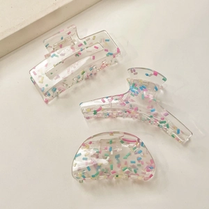 Three-piece set of transparent acrylic hair claws with colorful confetti dots