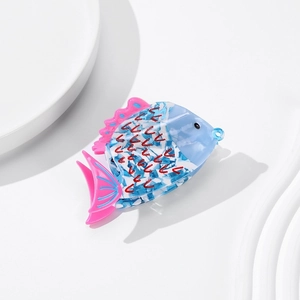 Pince à cheveux en forme de poisson série océan en acétate avec fleurs bleues et écailles roses