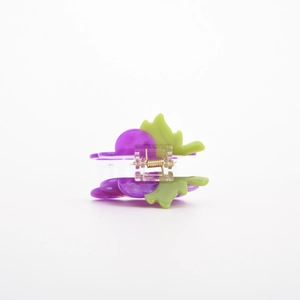 Simpatica molletta per capelli a forma di uva viola in acetato con foglia verde