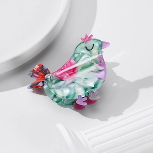 Cute green cartoon bird hair claw clip with pink crown and marble acetate design for women