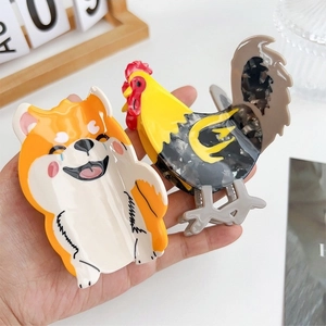 Handcrafted acetate hair claws featuring cute cartoon Shiba Inu and rooster designs