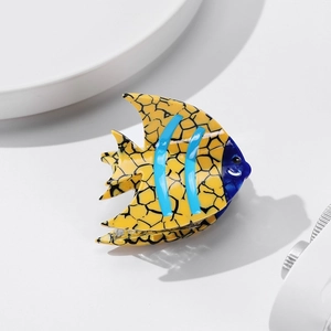 Pince à cheveux en forme de poisson tropical avec motifs jaunes et bleus en acétate