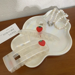 Sweet square strawberry hair claw set with cream acetate clips and red fruit charms
