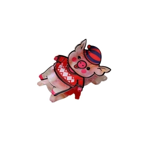 Pinza per capelli a forma di maialino in acetato con maglione rosso e cappello