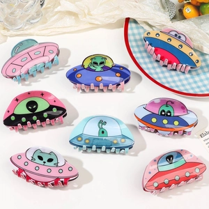 Pince à Cheveux Acrylique Dessin Animé OVNI Vaisseau Spatial Créative Mode Grande Pince Requin Antidérapante pour Femme