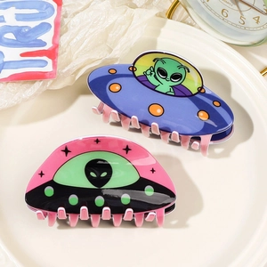 Pinces à cheveux en acrylique motif OVNI alien pour femmes avec design de vaisseau
