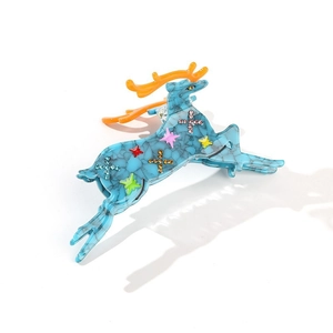 Blue marble acetate reindeer hair claw clip with colorful rhinestones and orange antlers