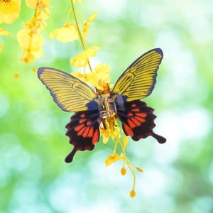 Vibrant 3D butterfly hair claw clip with colorful patterns on a yellow flower branch