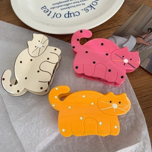 Cute acetate cat hair clips set in white pink and yellow with polka dot pattern