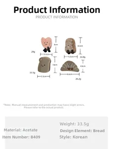 Size information and dimensions for acetate bread shaped hair claws in various styles