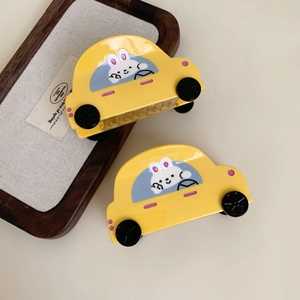 Pinces à cheveux en acétate en forme de voiture jaune avec motif de lapin mignon