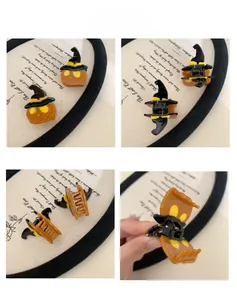 Dettagli della molletta per capelli a forma di zucca di Halloween con cappello da mago