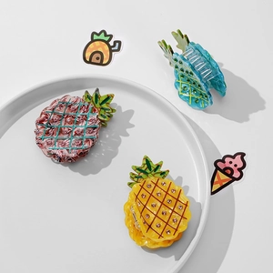Pinces à cheveux ananas en acétate avec strass en jaune, rose marbré et bleu sarcelle