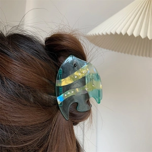 Cute tropical fish hair claw clip in green acetate with yellow stripes for women