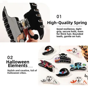 Detail view of durable metal spring and variety of Halloween themed acrylic hair claws