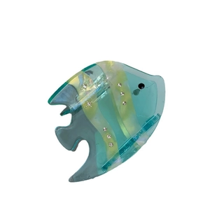Blue tropical fish hair claw clip made of acetate with rhinestones and iridescent texture