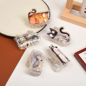 Iridescent Acrylic Cartoon Animal Hair Claw Cute Cat Dog Patterns Hollow Out Hair Clips For Women Girls Everyday Styling Accessories