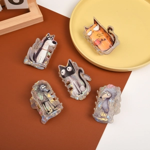 Holographic acrylic animal hair claws set with cartoon cat and dog illustrations