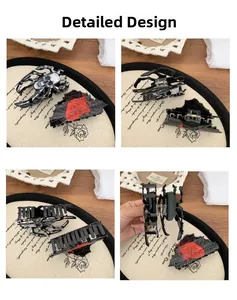 Detail view of gothic Halloween hair clips featuring black spider and skull acrylic designs